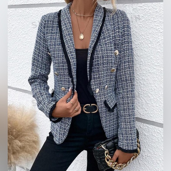 SHEIN Privé Plaid Shawl Collar Double Breasted Contrast Binding Tweed Blazer - Picture 1 of 8